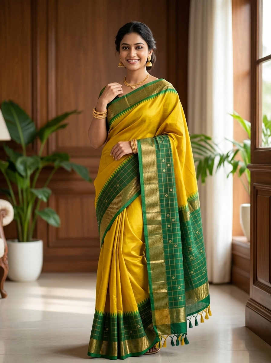 Mustard Yellow Checked Pure Kanchipuram Silk Saree